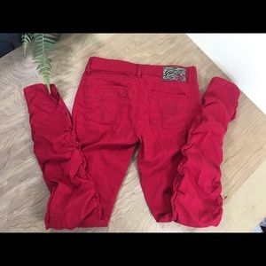 Bright red Foxy Jeans, ruched legs, slim fit